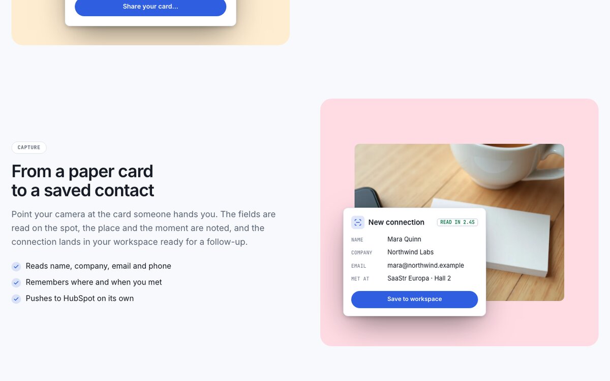 Paper business card scanned into a new connection