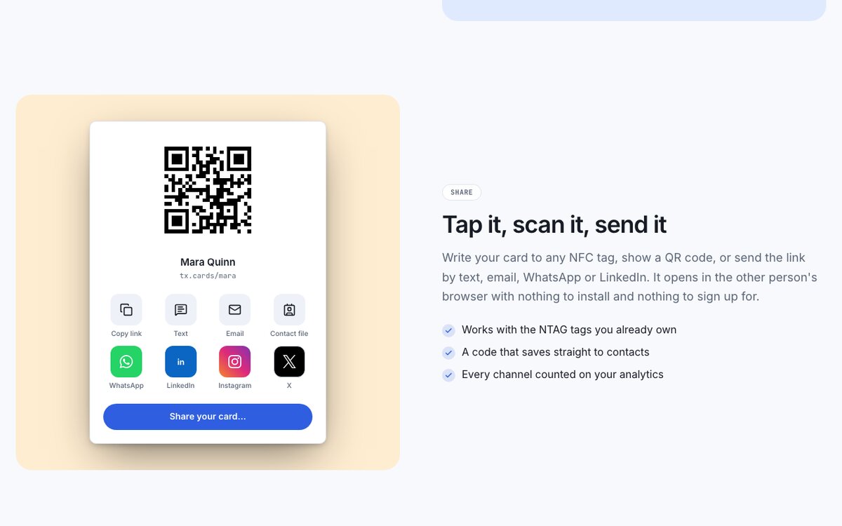 Share panel with QR code, link, and messaging channels